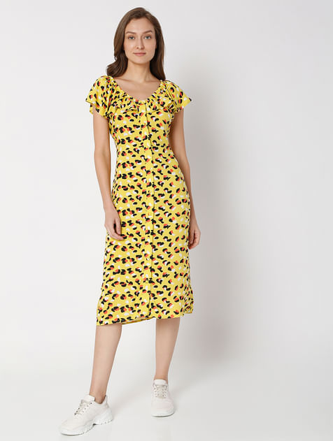 Yellow All Over Print Midi Dress