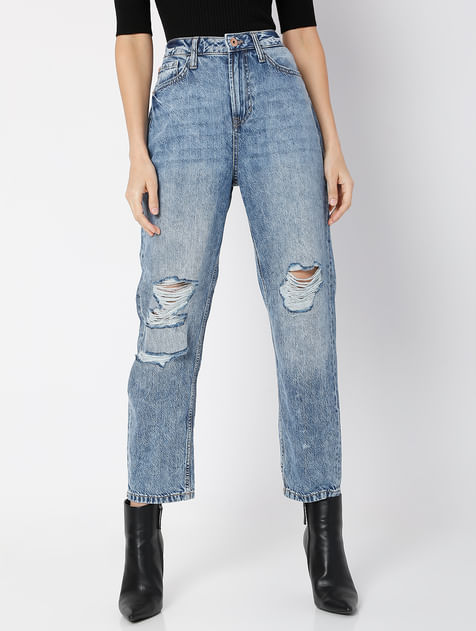 Blue High Rise Distressed Jade Straight Fit Jeans