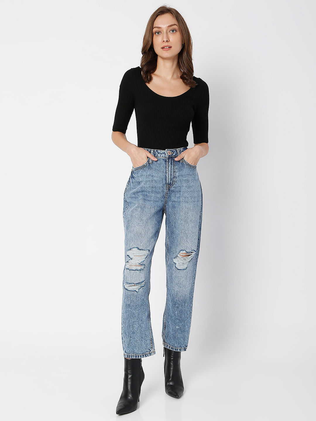 Mid blue high rise mom fit ripped on sale jeans