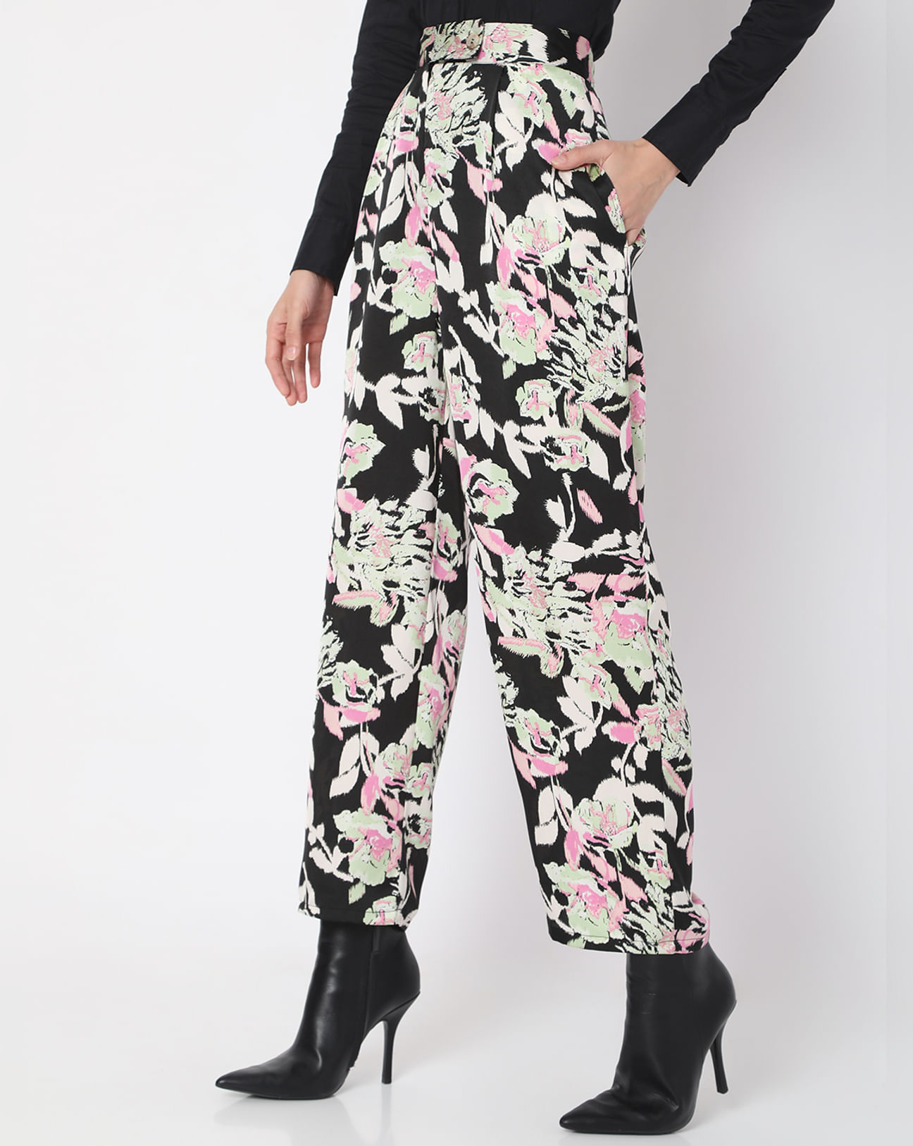 Buy Black High Rise Floral Pants For Women Online in India