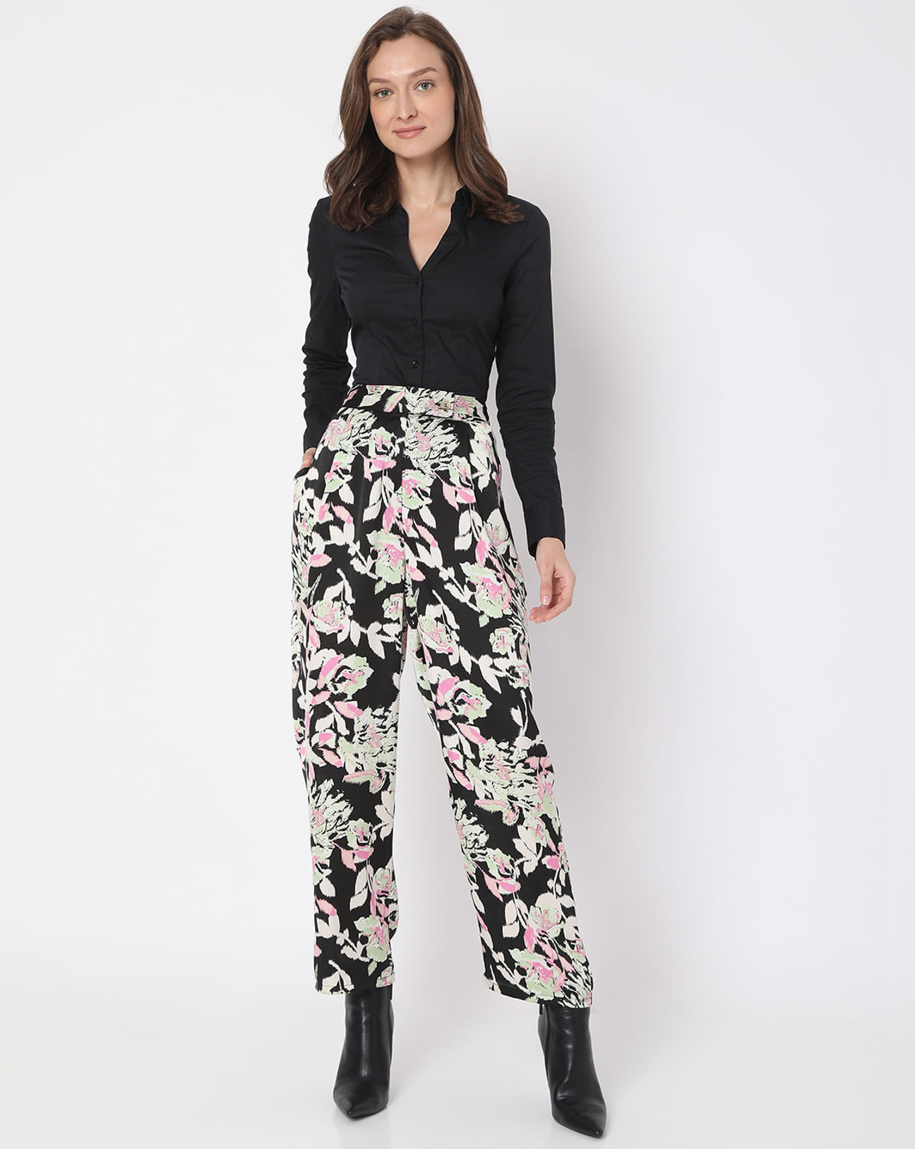 Buy Black High Rise Floral Pants For Women Online in India