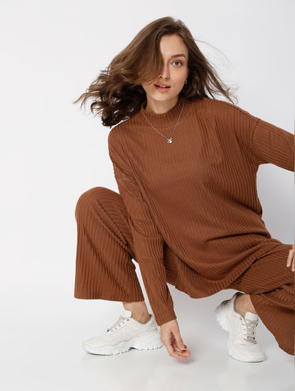 Brown Funnel neck Co-ord Top