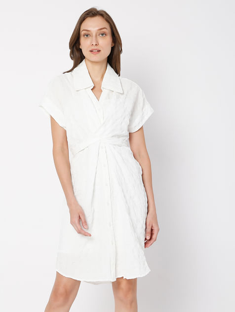 White Textured Tie-Up Knot Dress