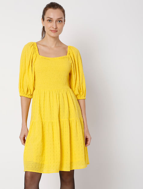 Yellow Schiffli Mini Dress