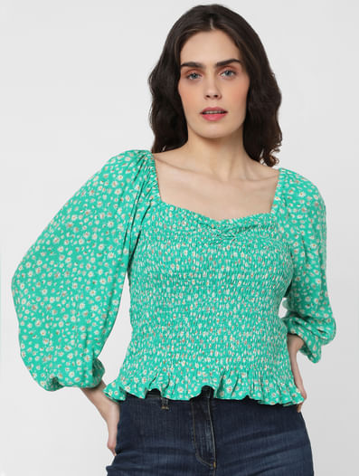 Green Floral Smocked Top