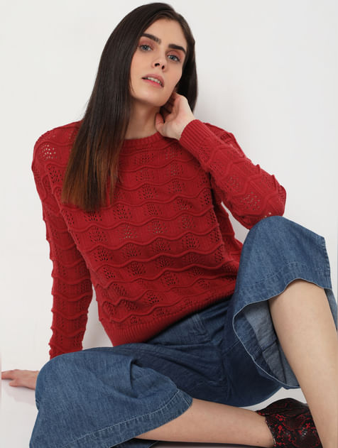 Red Self Design Knit Sweater