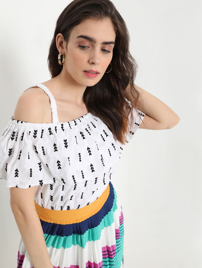 White Embroidered Cold Shoulder Top