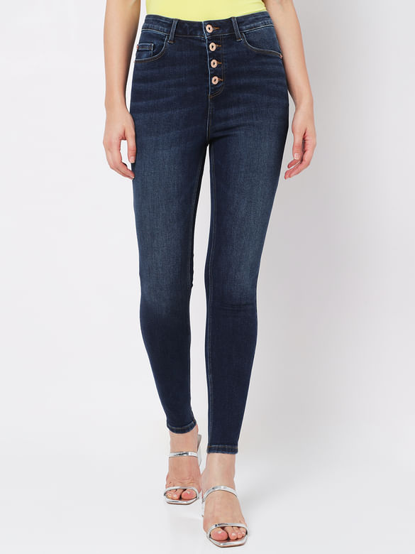 Dark Blue High Rise Buttoned Wendy Skinny Jeans
