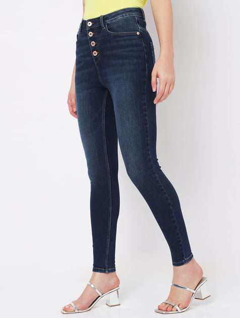 Dark Blue High Rise Buttoned Wendy Skinny Jeans
