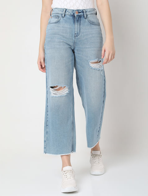 Light Blue High Rise Ripped Wide Leg Jeans