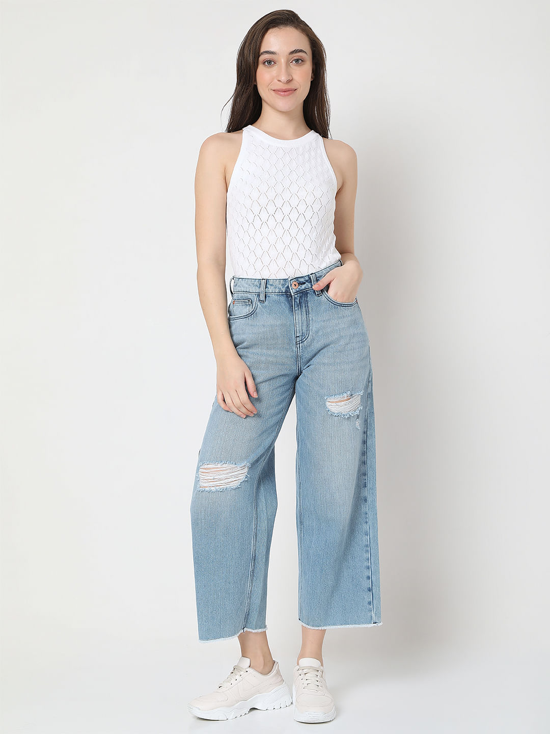 Buy Light Blue High Rise Ripped Wide Leg Jeans For Women Online in