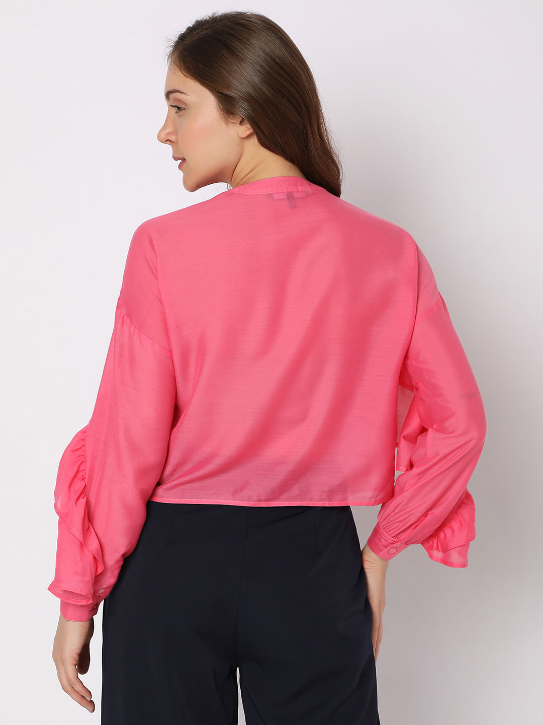 Pink best sale ruffle shirt