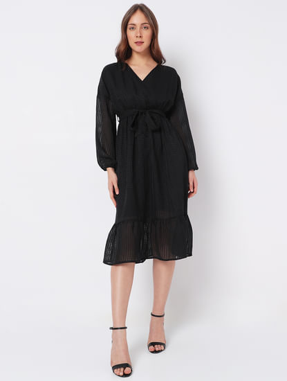 Black Textured Tiered Midi Dress