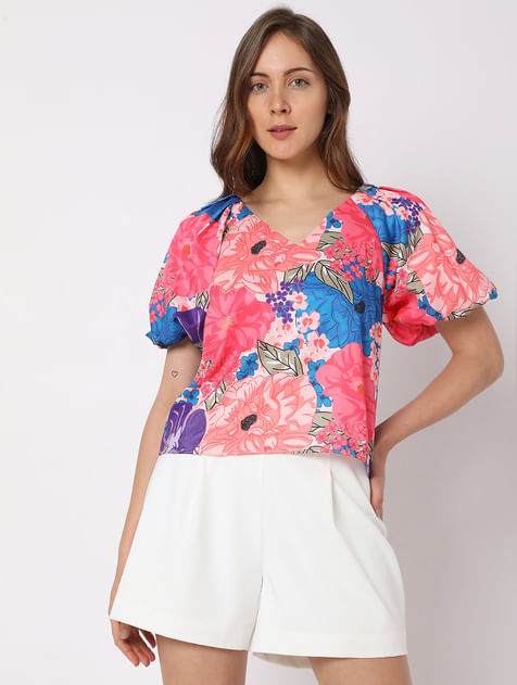 Pink Floral Balloon Sleeve Top