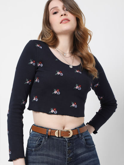 Navy Blue Floral Embroidered Crop Top
