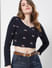 Navy Blue Floral Embroidered Crop Top