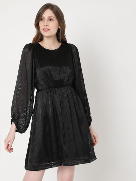 Black Texture Striped Mini Dress
