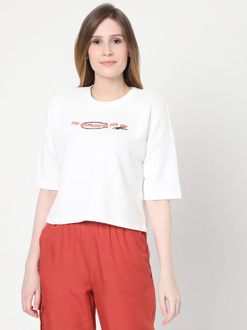 White Graphic Print Cropped T-shirt