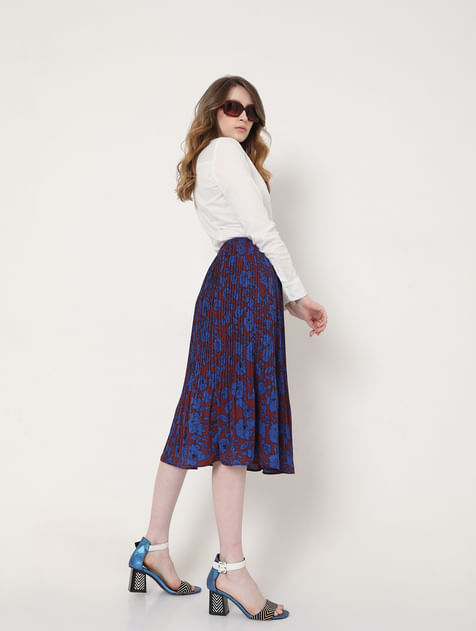 Blue & Maroon Pleated Floral Skirt