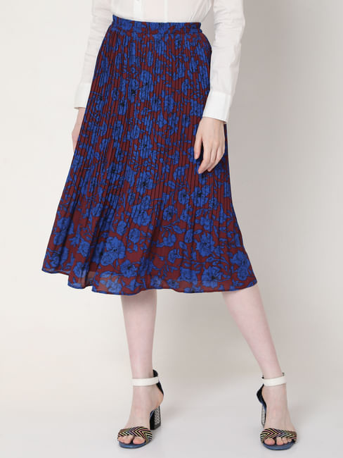 Blue & Maroon Pleated Floral Skirt