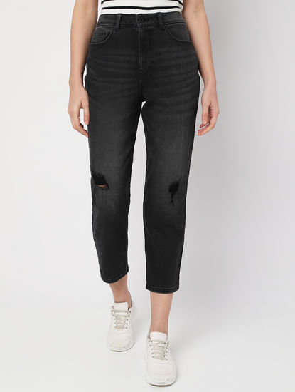 Charcoal Grey High Rise Distressed Mom Fit Jeans