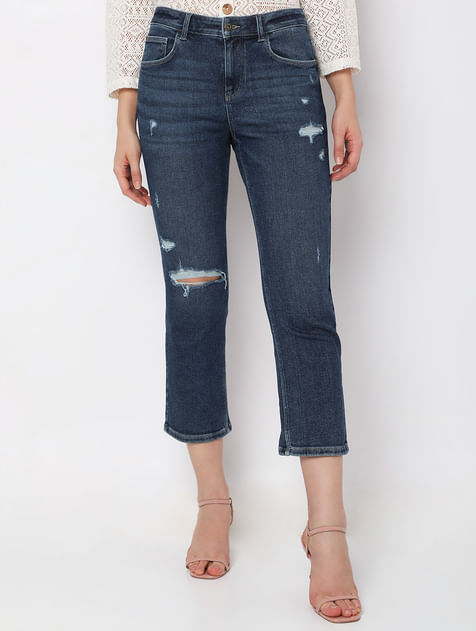 Blue High Rise Distressed Jade Straight Fit Jeans