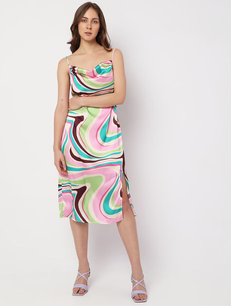 Beige Colourblocked Swirl Print Dress