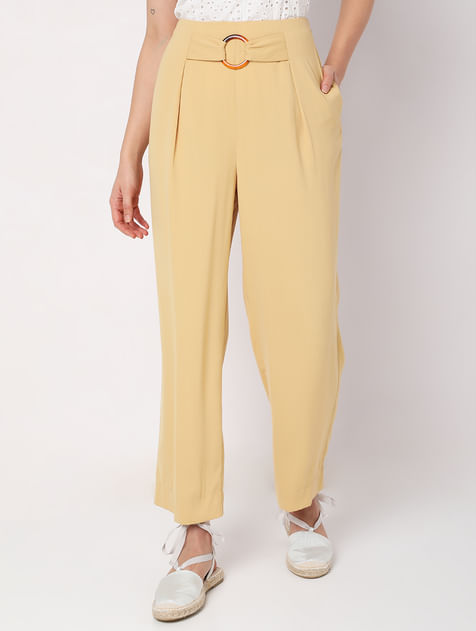 Yellow High Rise Buckle Detail Pants