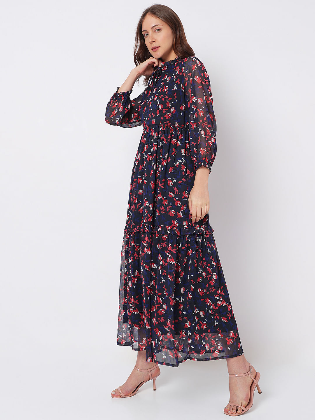 Buy our Dark Blue Foil Print Flared Maxi online from globaldesi.in SC-  FW23GM125MXCAM