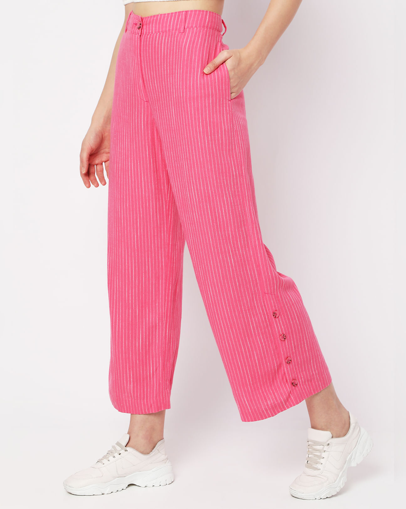 Buy Pink High Rise Striped Pants For Women Online in India
