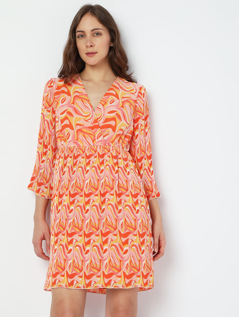 Orange Abstract Print Mini Dress
