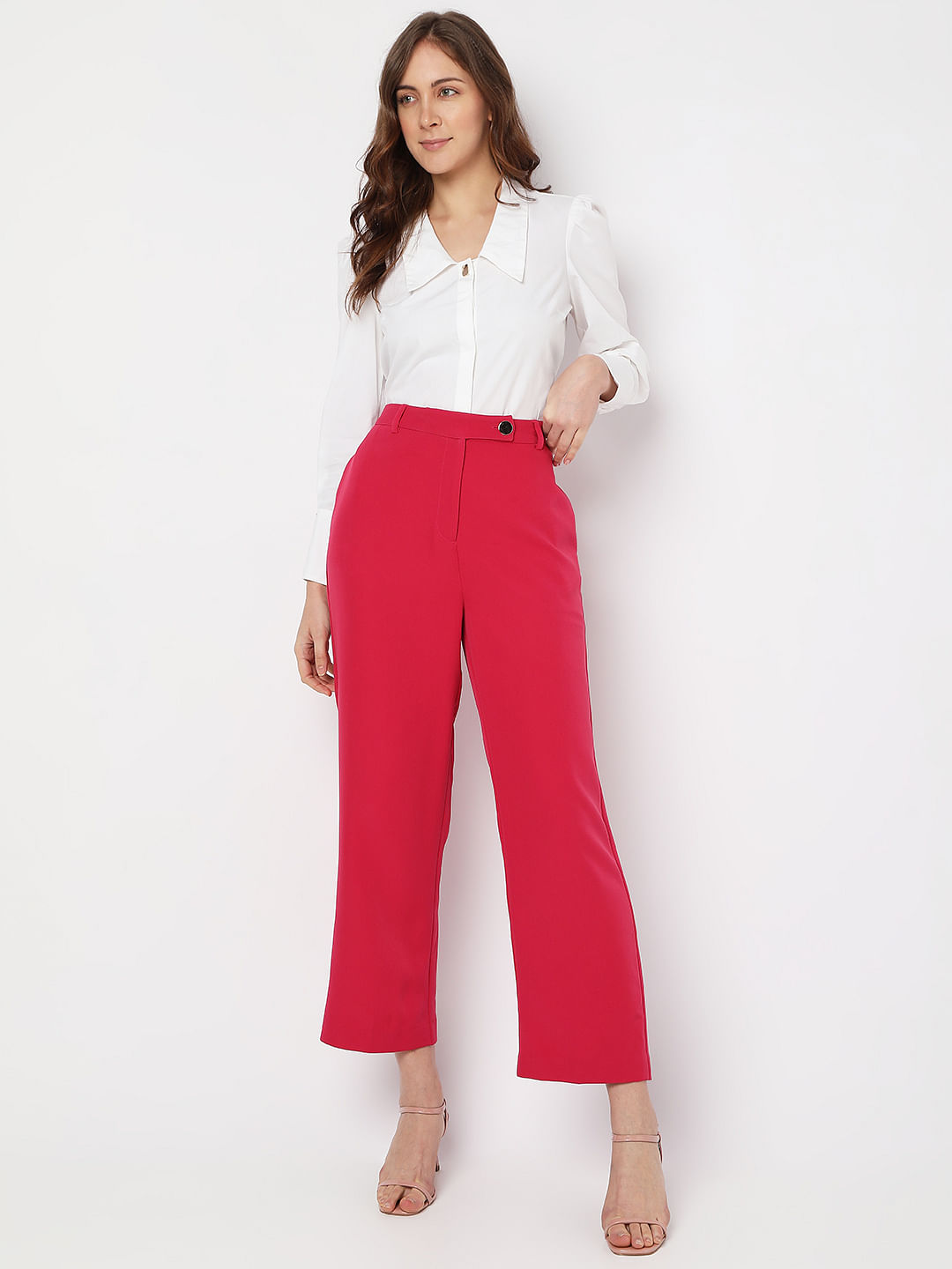 Red pants white shirt women on Stylevore