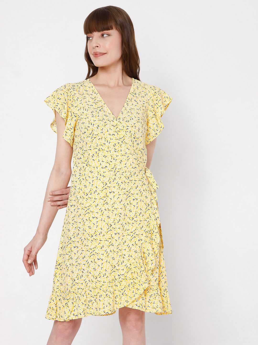 ASOS LUXE 3D flower mini dress with puff sleeves in pastel yellow | ASOS
