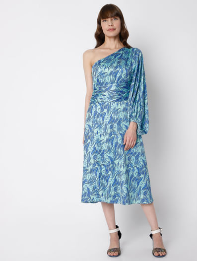 Blue Abstract Print Midi Dress