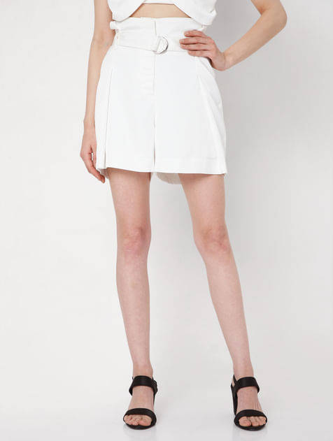 White High Waist Belted Co-ord Set Shorts