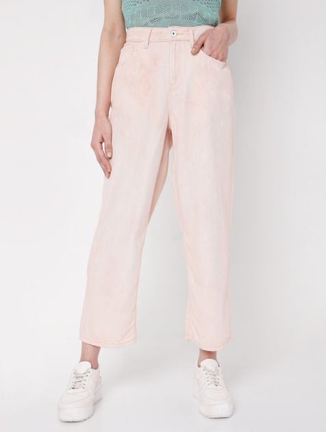 Pink High Rise Washed Jade Straight Fit Jeans