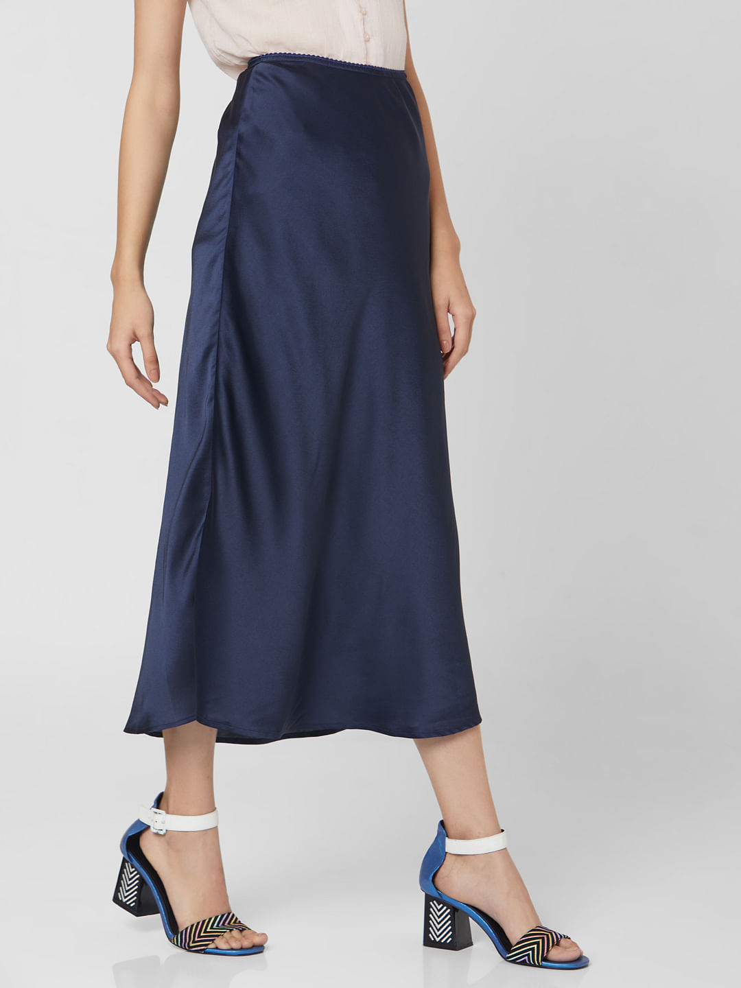 navy blue high waisted midi skirt