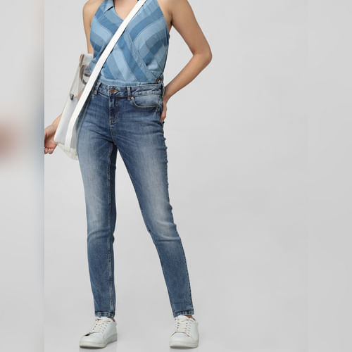 Blue Mid Rise Washed Skinny Jeans