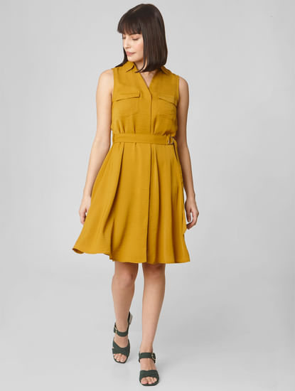 Mustard Belted Fit & Flare Dress