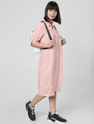Peach Striped Shirt Dress