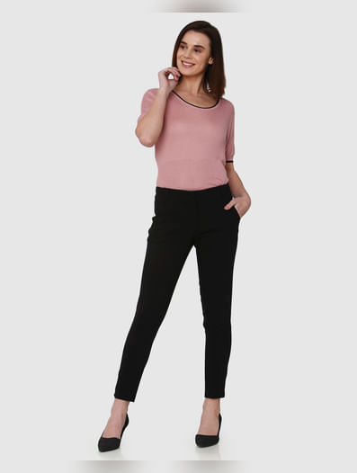 Black Mid Rise Ankle Length Straight Fit Trousers