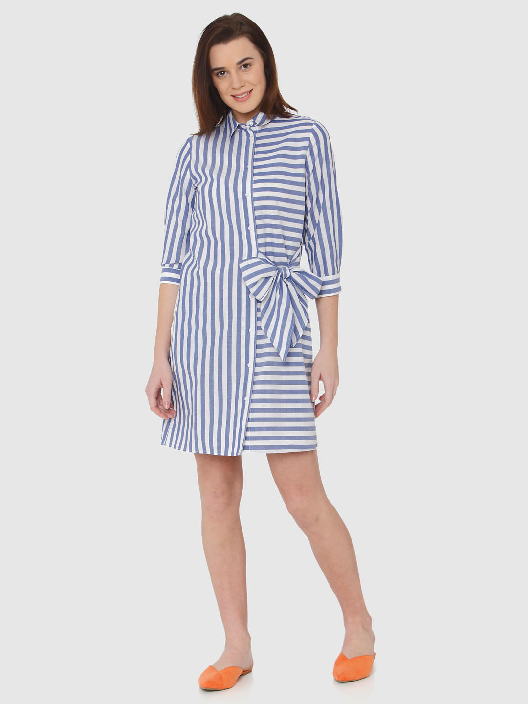 blue dress with white stripe on side