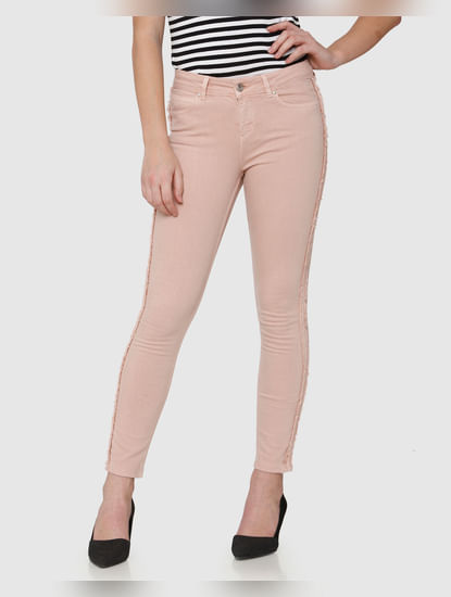 Pink Mid Rise Side Frayed Tape Detail Washed Ankle Length Skinny Fit Jeans