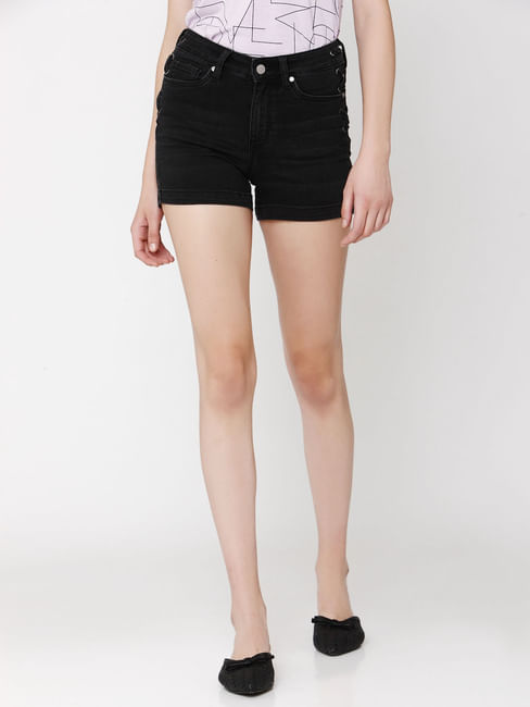 Black Mid Rise Slim Fit Mini Denim Shorts