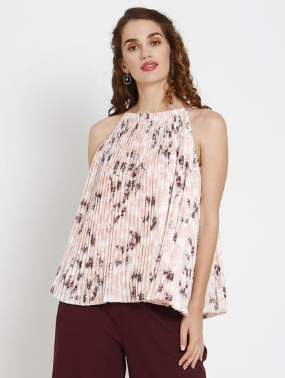 Pink Floral Print Pleated Top