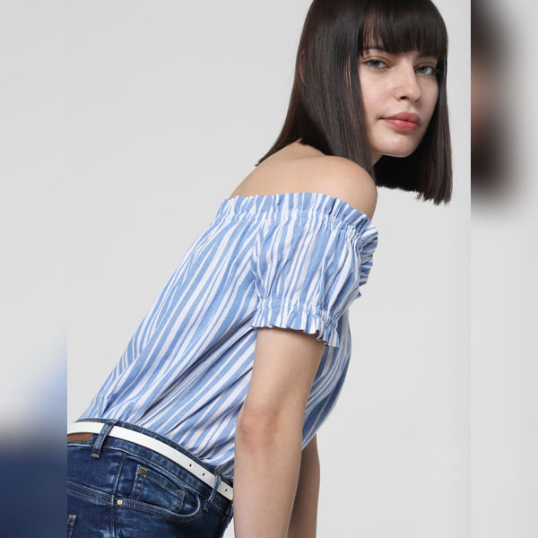 BESTSELLER CLOTHING Light Blue Striped Off Shoulder Top