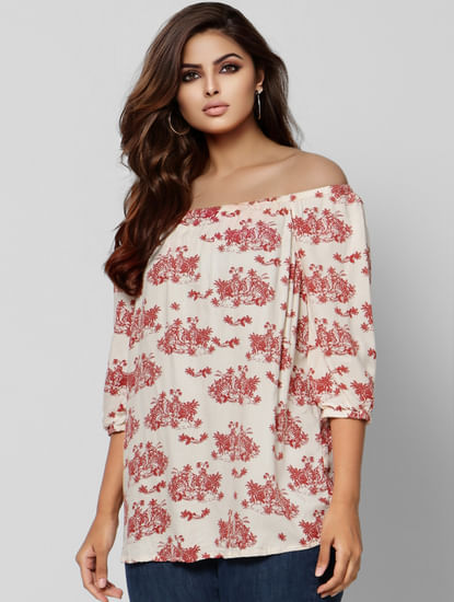 Off White All Over Print Off Shoulder Top