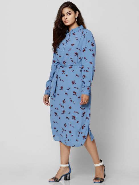 Blue All Over Print Midi Dress