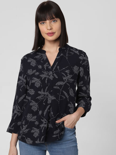 Navy Blue All Over Floral Print Top