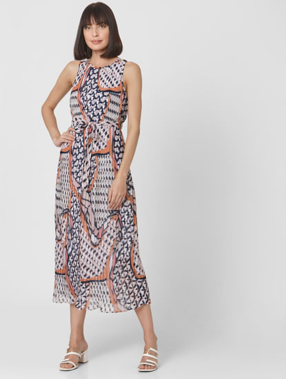 Multi-Coloured All Over Geometric Print Pleated Maxi Dress